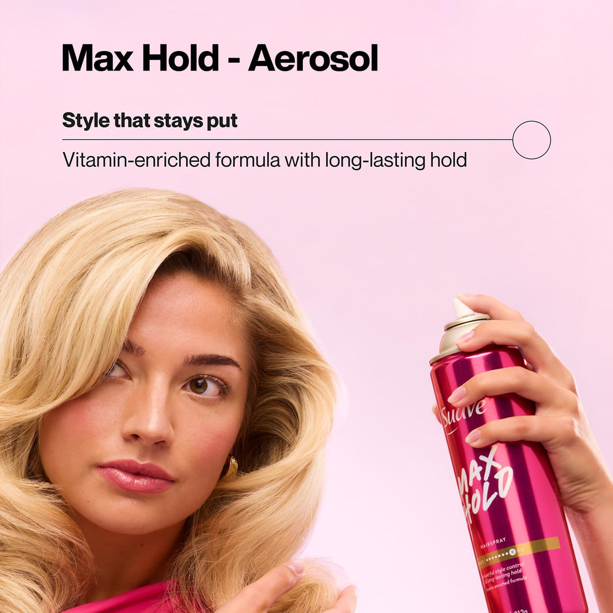 Suave Max Hold daily-use spray bottle suits all hair types.