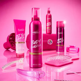 Suave Max Hold even spray distribution from the bottle promotes hold.