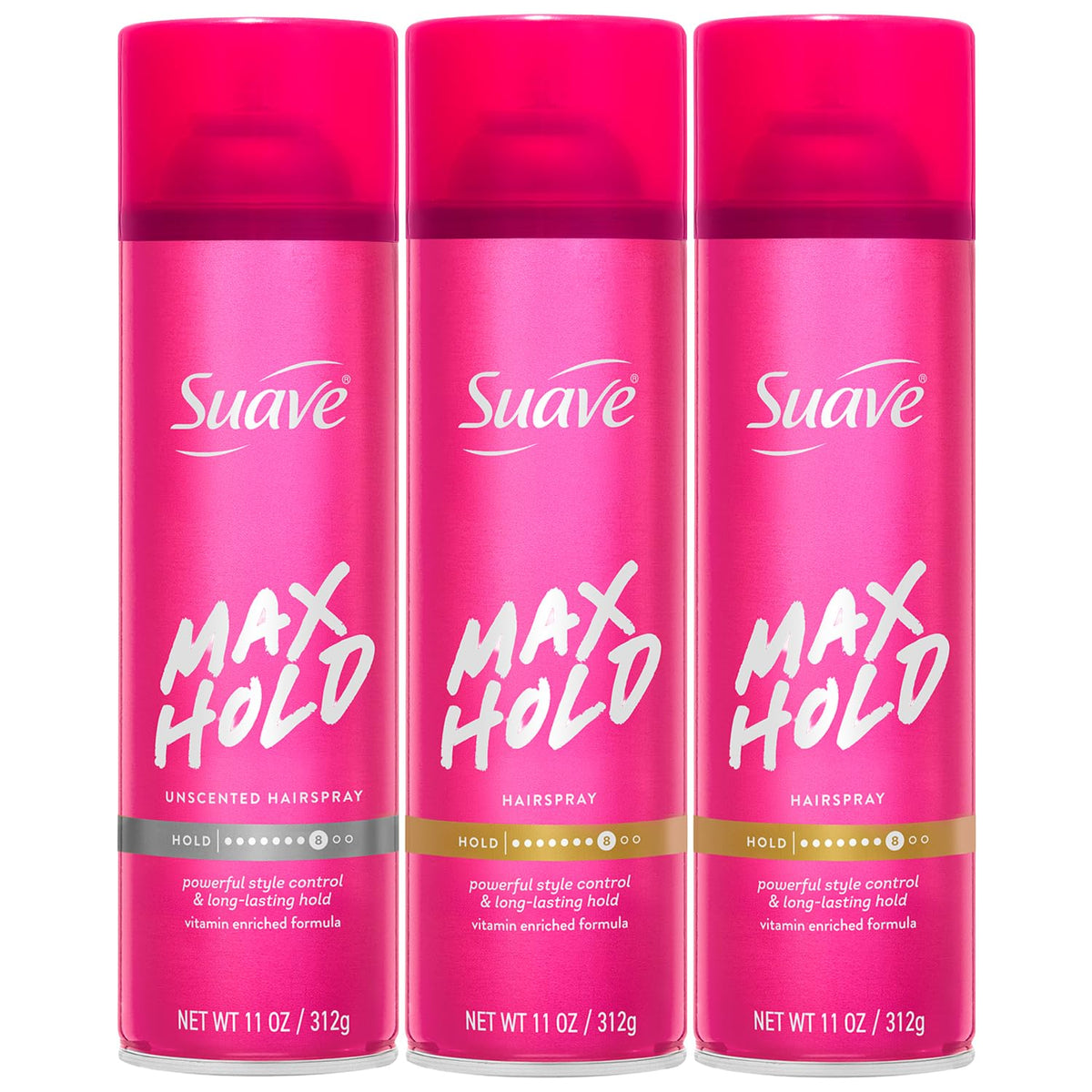 Suave Max Hold Hairspray bundle packaging showing three cans for all-day control