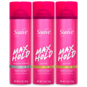 Suave Max Hold Hairspray bundle packaging showing three cans for all-day control