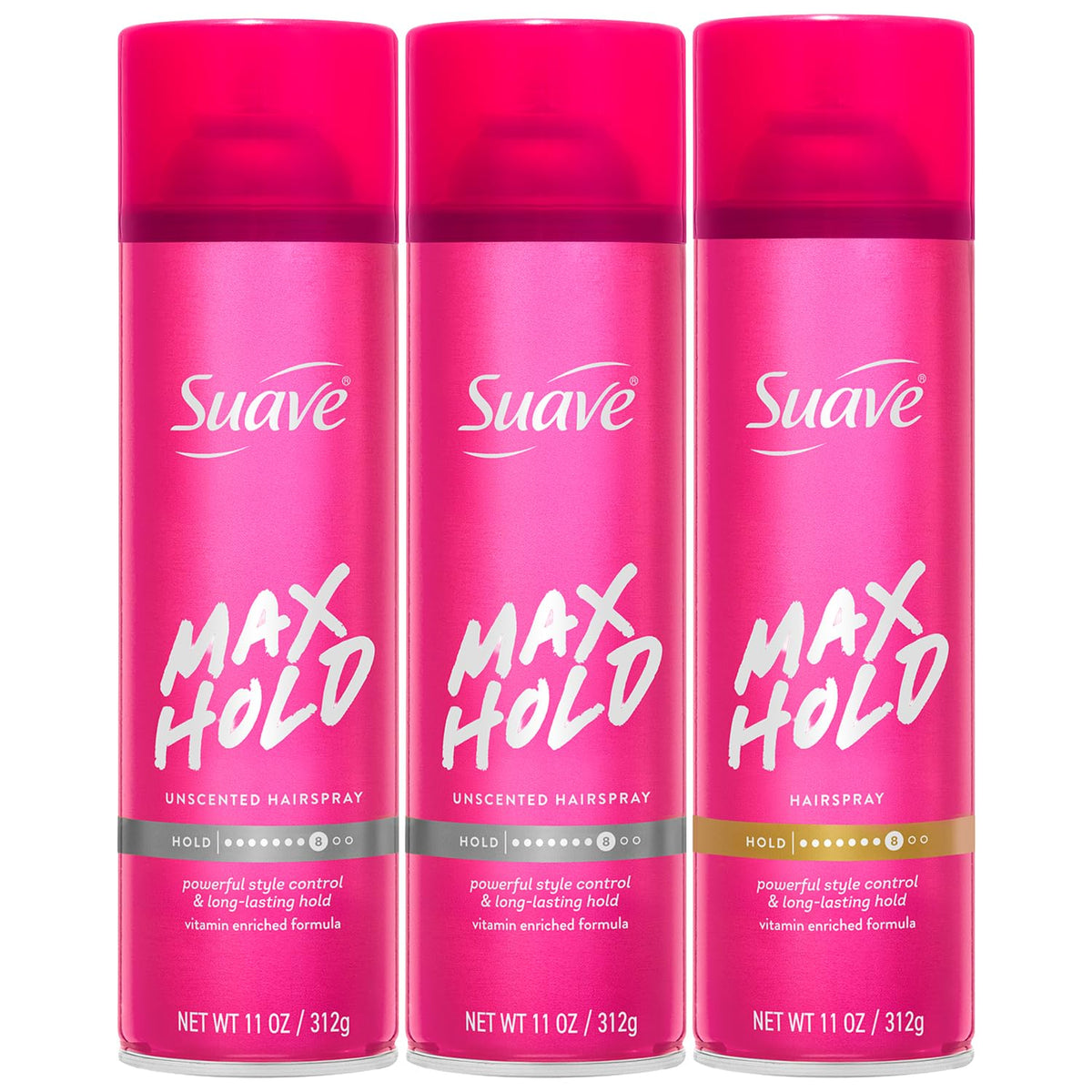 Suave Max Hold Hairspray scented bottle showing fragrance option for stylish hold