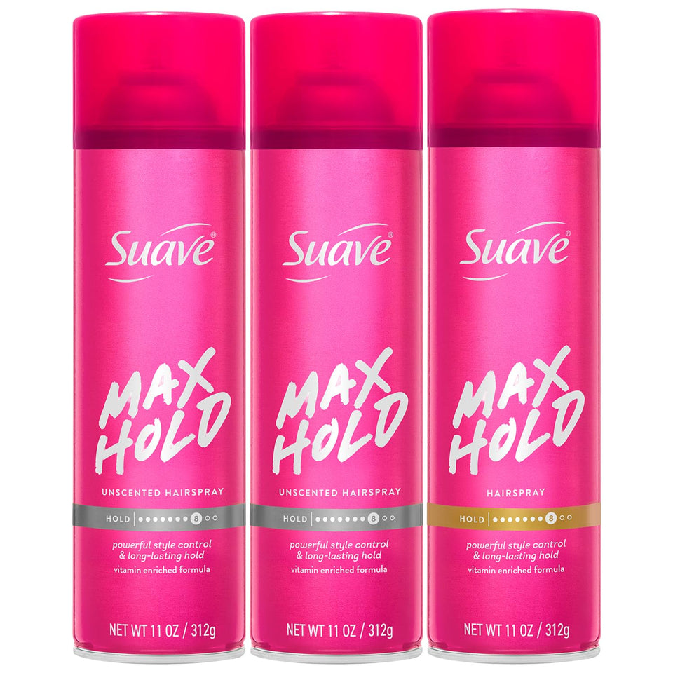 Suave Max Hold Hairspray scented bottle showing fragrance option for stylish hold
