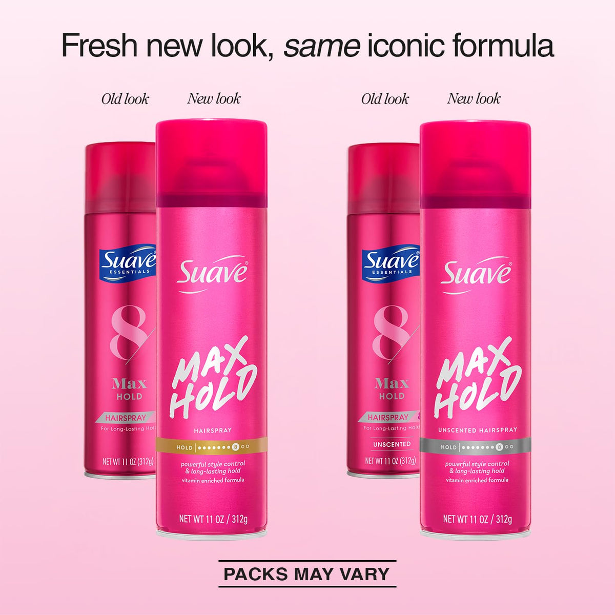 Scented Suave Max Hold hairspray aerosol applying fragrance while securing your look
