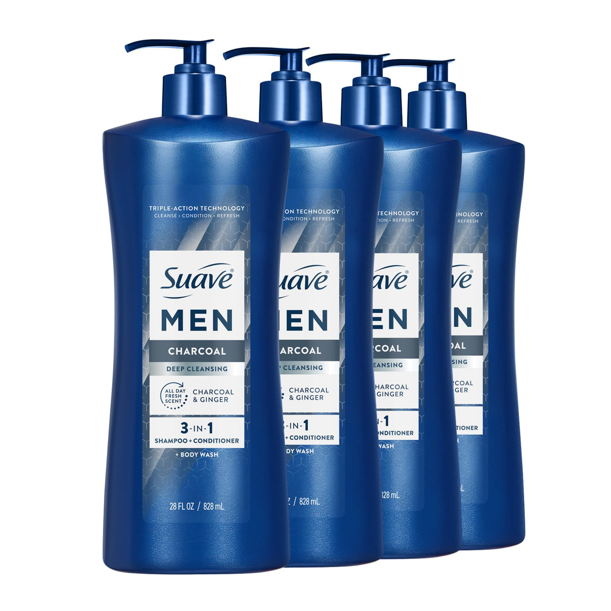 Suave Men Deep Cleansing 3-in-1 bottle pump for quick, head-to-toe cleansing.