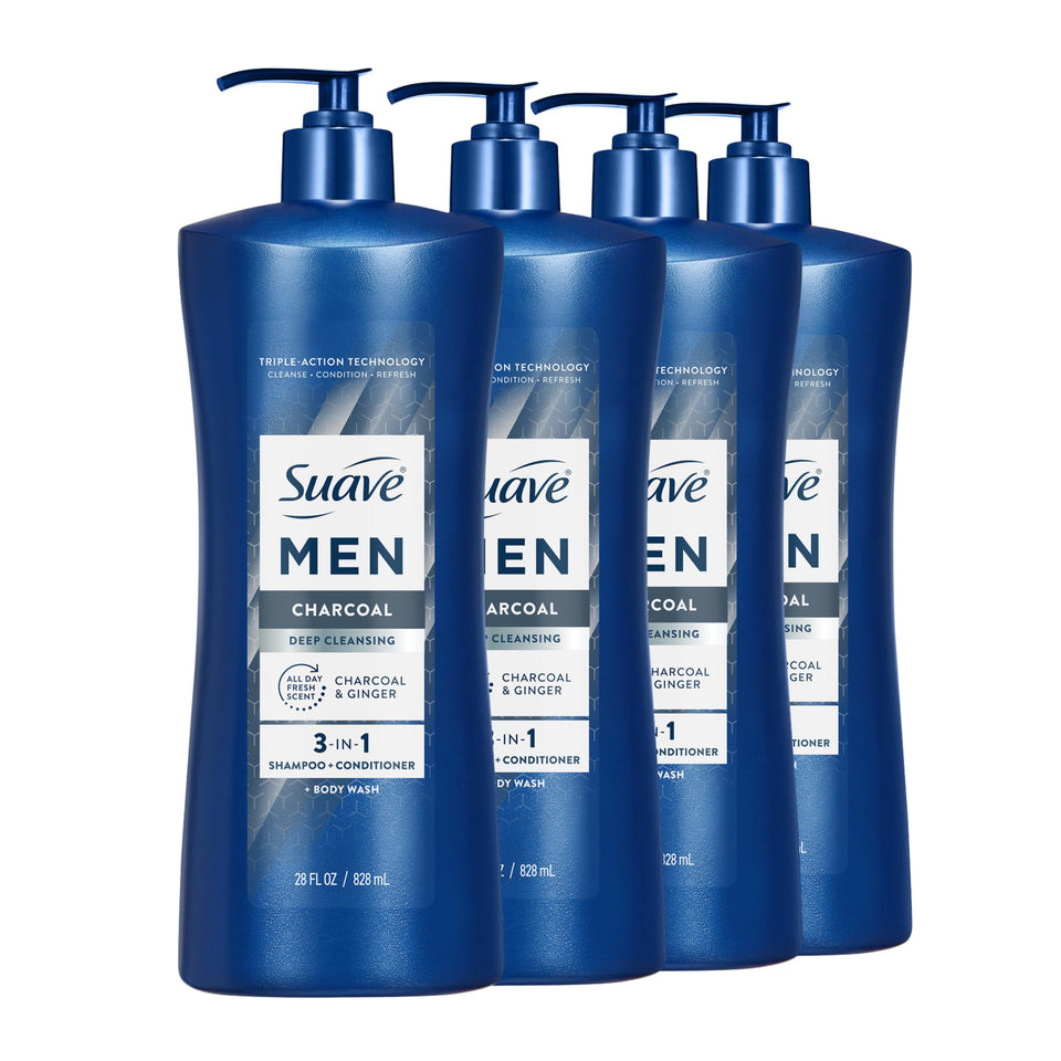 Suave Men Deep Cleansing 3-in-1 bottle pump for quick, head-to-toe cleansing.