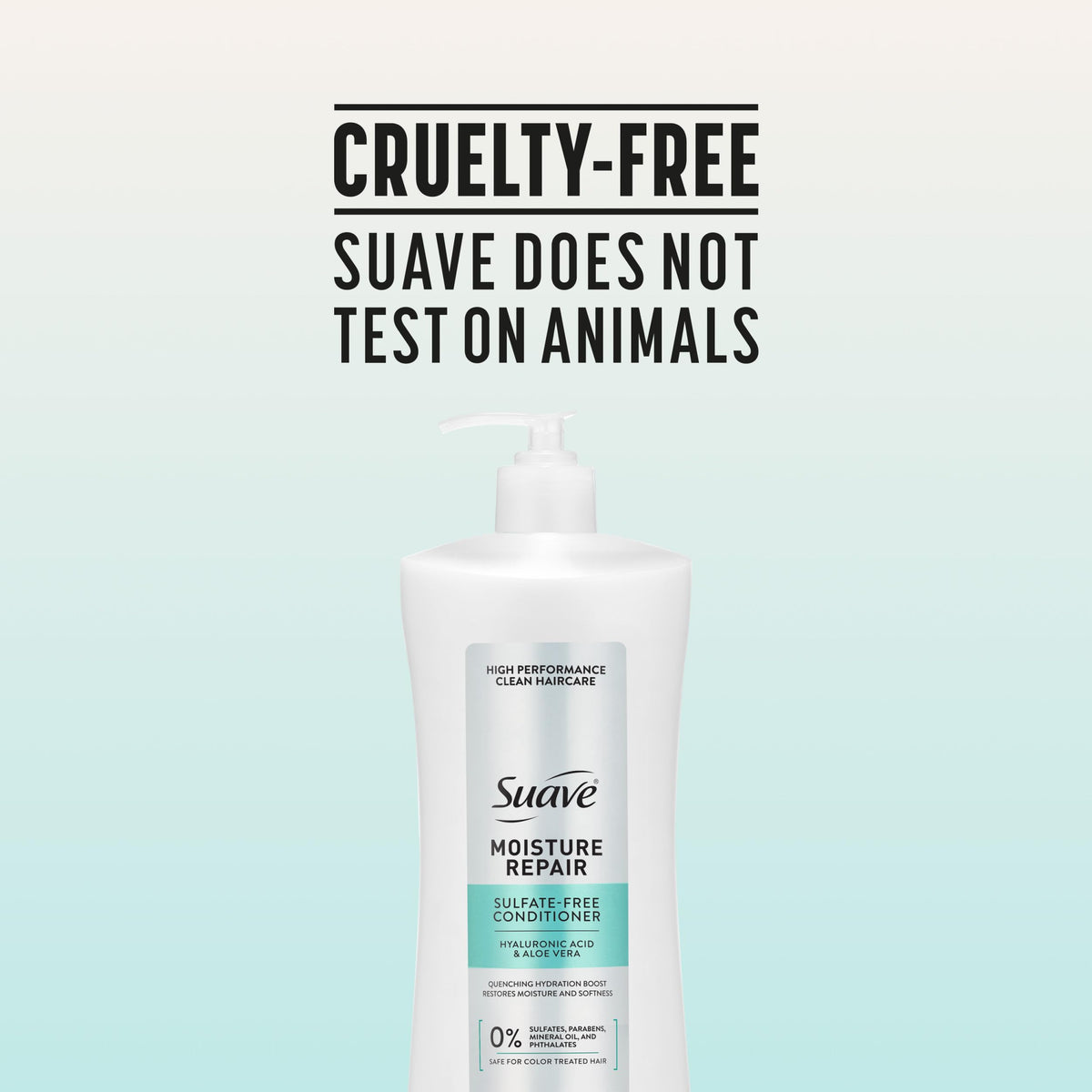 Cruelty-free badge on Suave Moisture Repair conditioner packaging