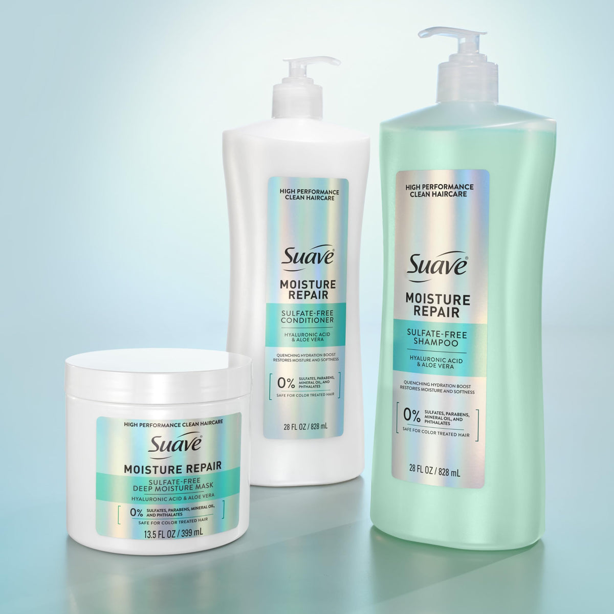 In-shower scene with Suave Moisture Repair bottle and silky hair