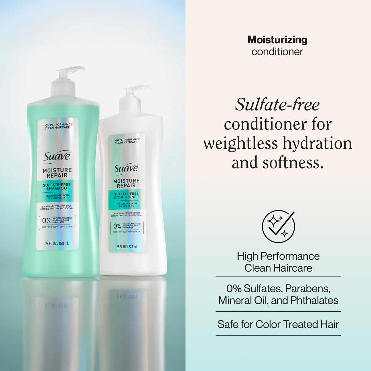 Suave Moisture Repair conditioner label closeup highlights sulfate-free formula