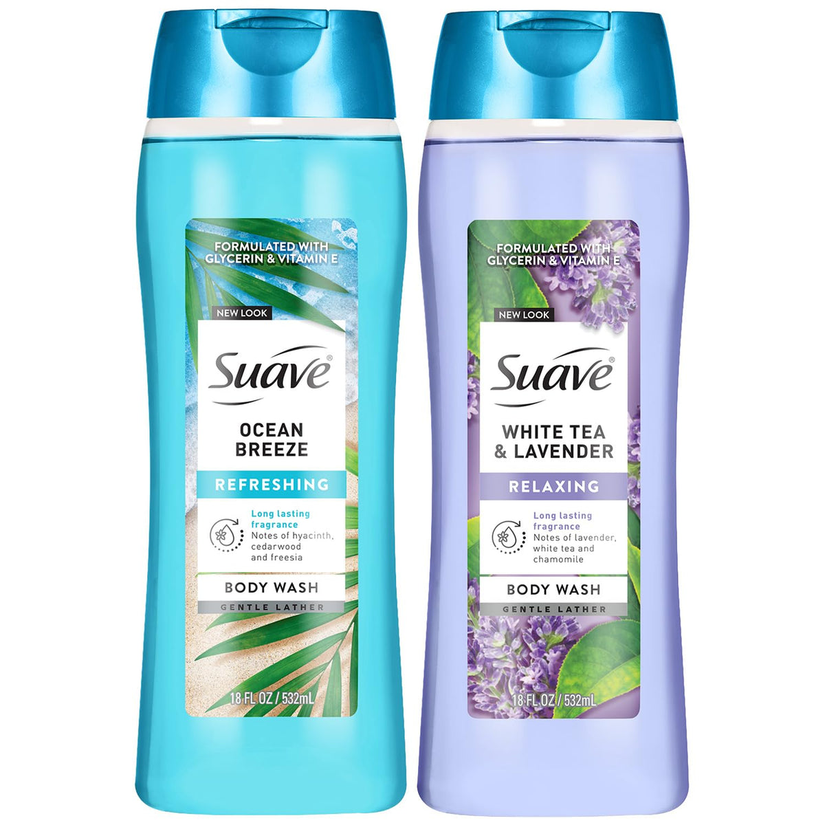 Suave Ocean Breeze body wash bottle front for refreshing shower routine