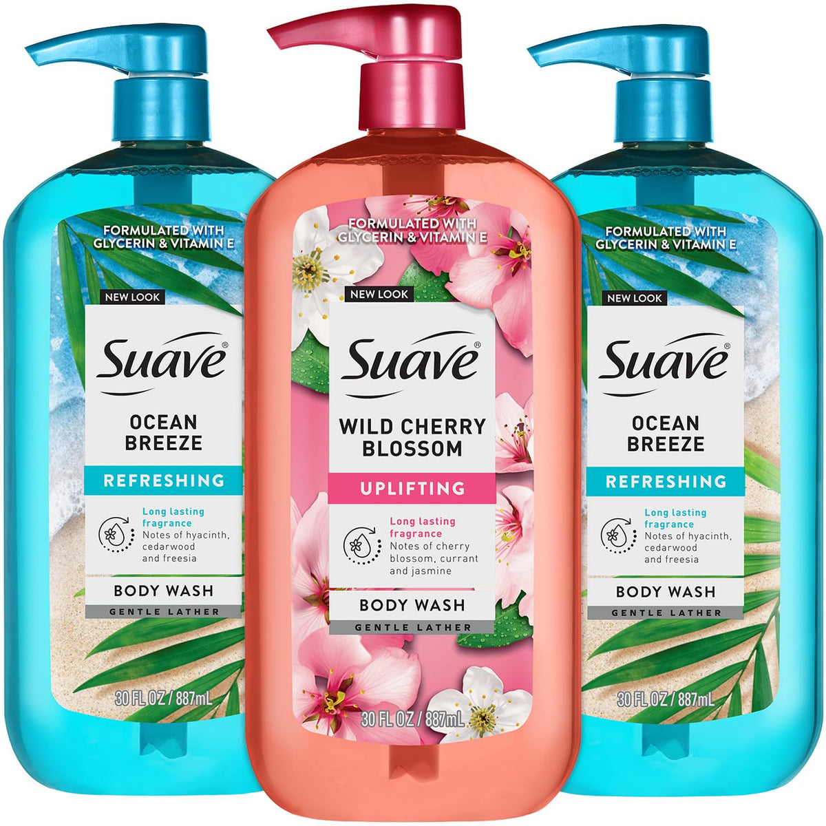 Suave Ocean Breeze bottle front with refreshing scent and hydrating formula.