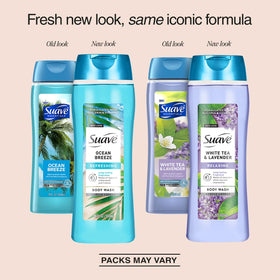 Pouring Suave Ocean Breeze body wash into a loofah during shower