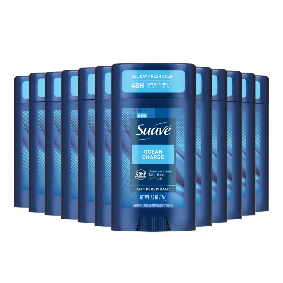 Suave Ocean Charge bottle highlights marine scent for all-day freshness.