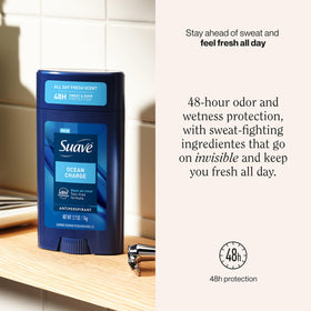 Suave Ocean Charge deodorant stick demonstrates invisible application with no residue.