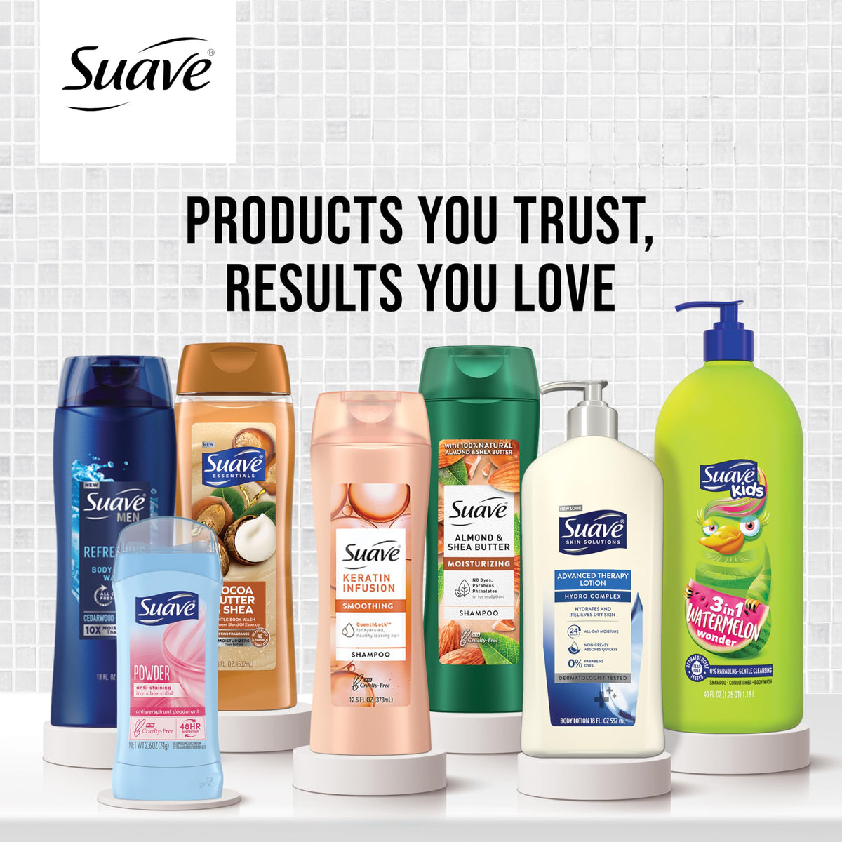 Suave paraben and phthalate free cruelty free logo emphasizing safe family care.