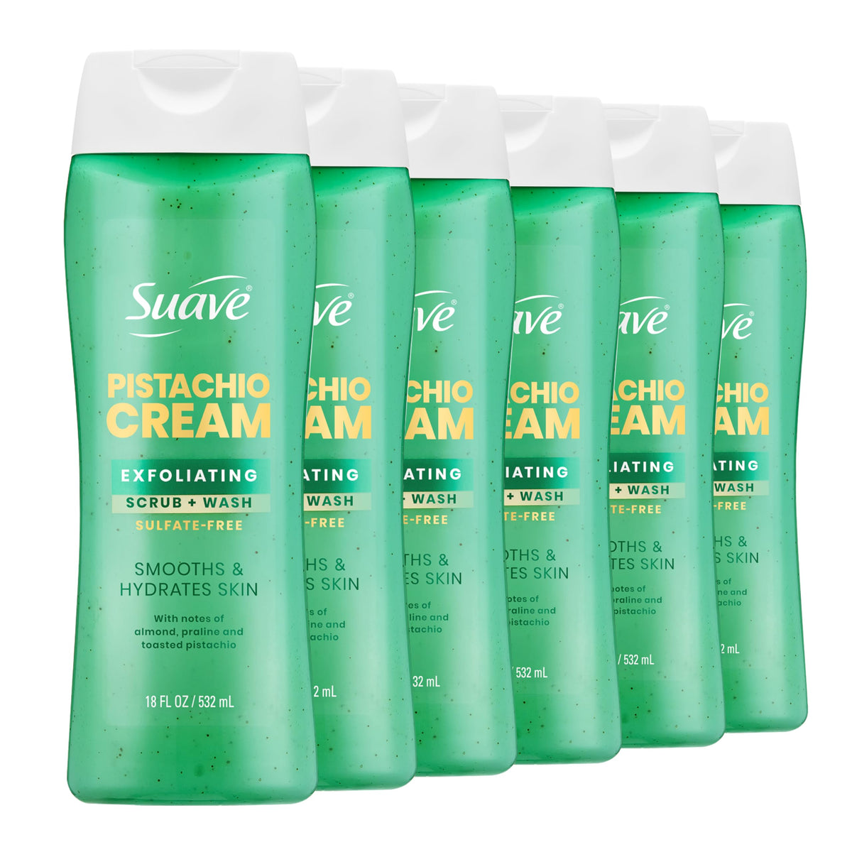 Suave Pistachio Cream Exfoliating Scrub and Wash bottle for hydrating exfoliation.