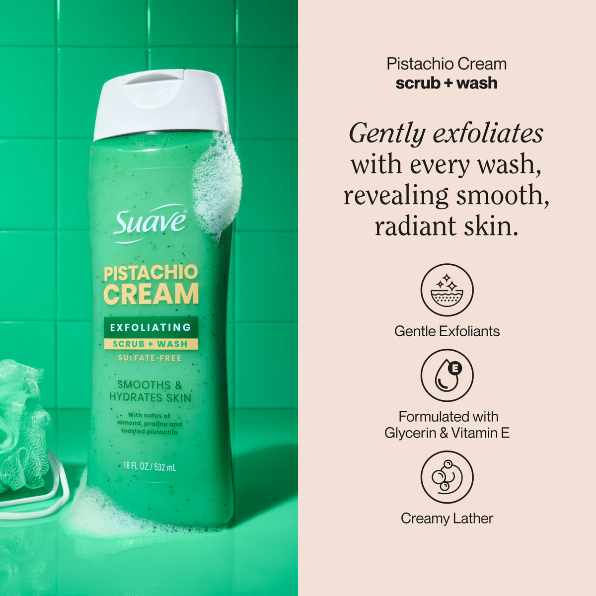 Creamy lather of Suave Pistachio Cream Exfoliating Scrub and Wash for daily cleansing.