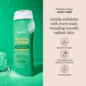 Creamy lather of Suave Pistachio Cream Exfoliating Scrub and Wash for daily cleansing.
