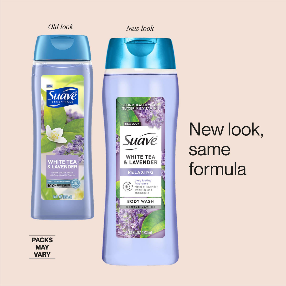 Suave bottle pour emphasizes soothing lavender and white tea fragrance.