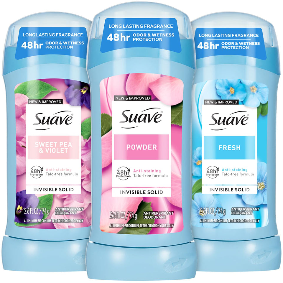 Suave Powder deodorant stick pack offering invisible protection and all-day freshness.