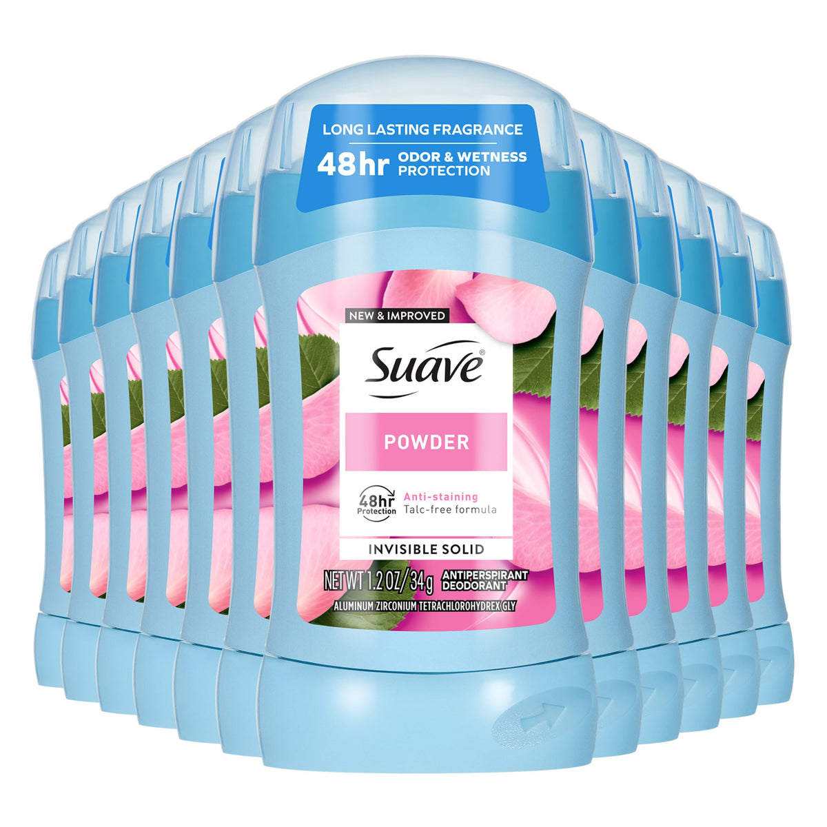 Suave Powder Invisible Deodorant Stick shown for easy application and all-day freshness.