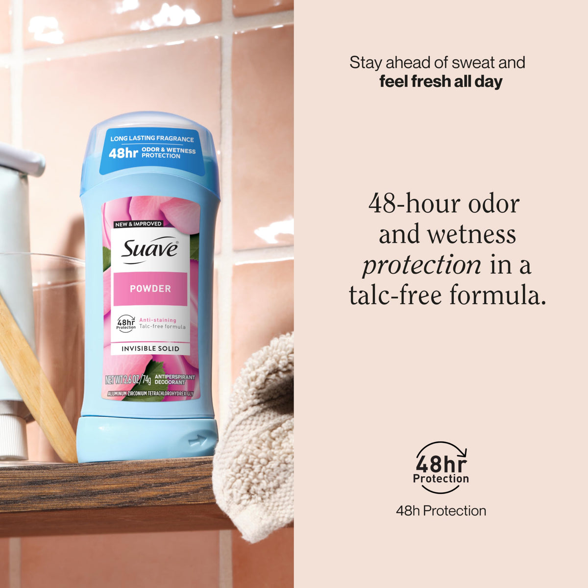 Suave Powder Invisible Deodorant Stick shows a clear finish with no visible marks