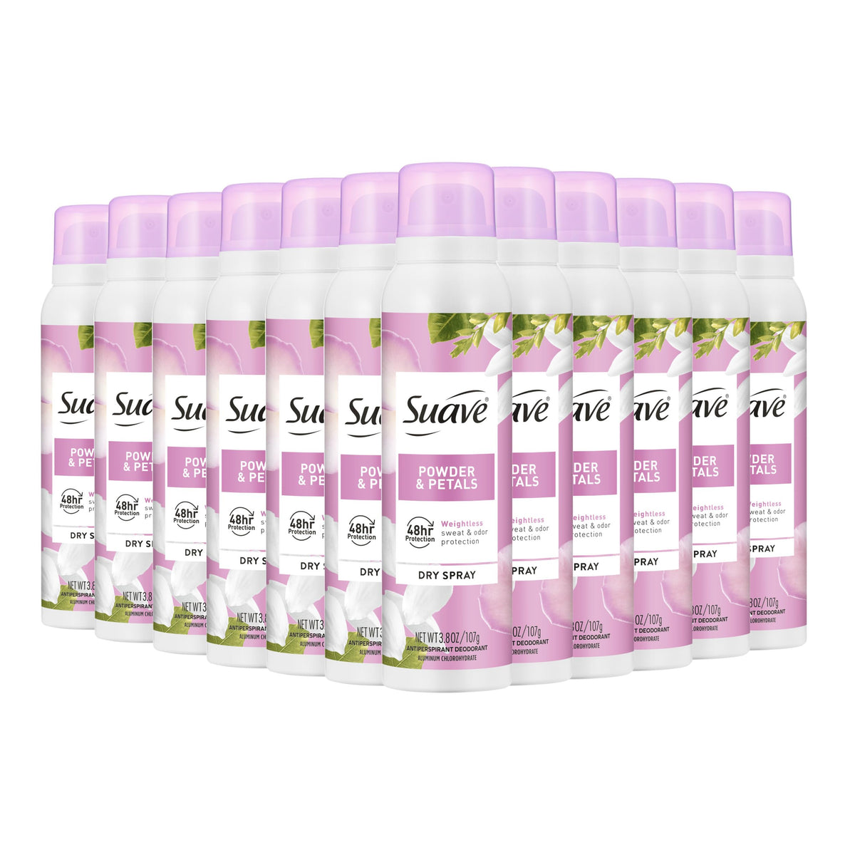 Suave Powder & Petals dry spray bottle ready for all-day odor protection.
