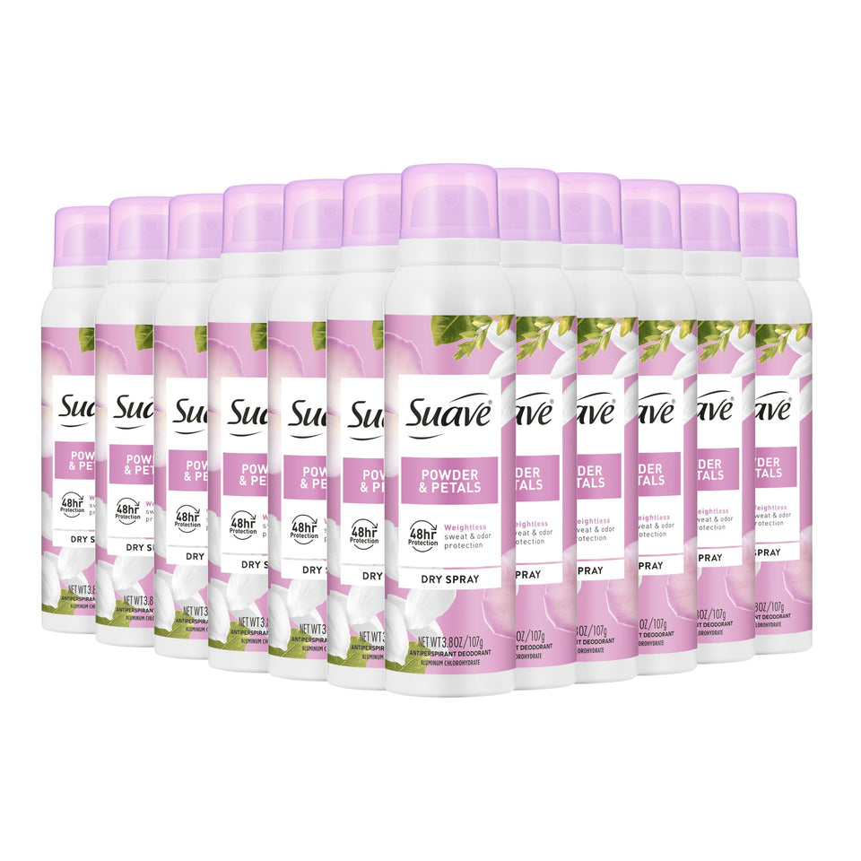 Suave Powder & Petals dry spray bottle ready for all-day odor protection.
