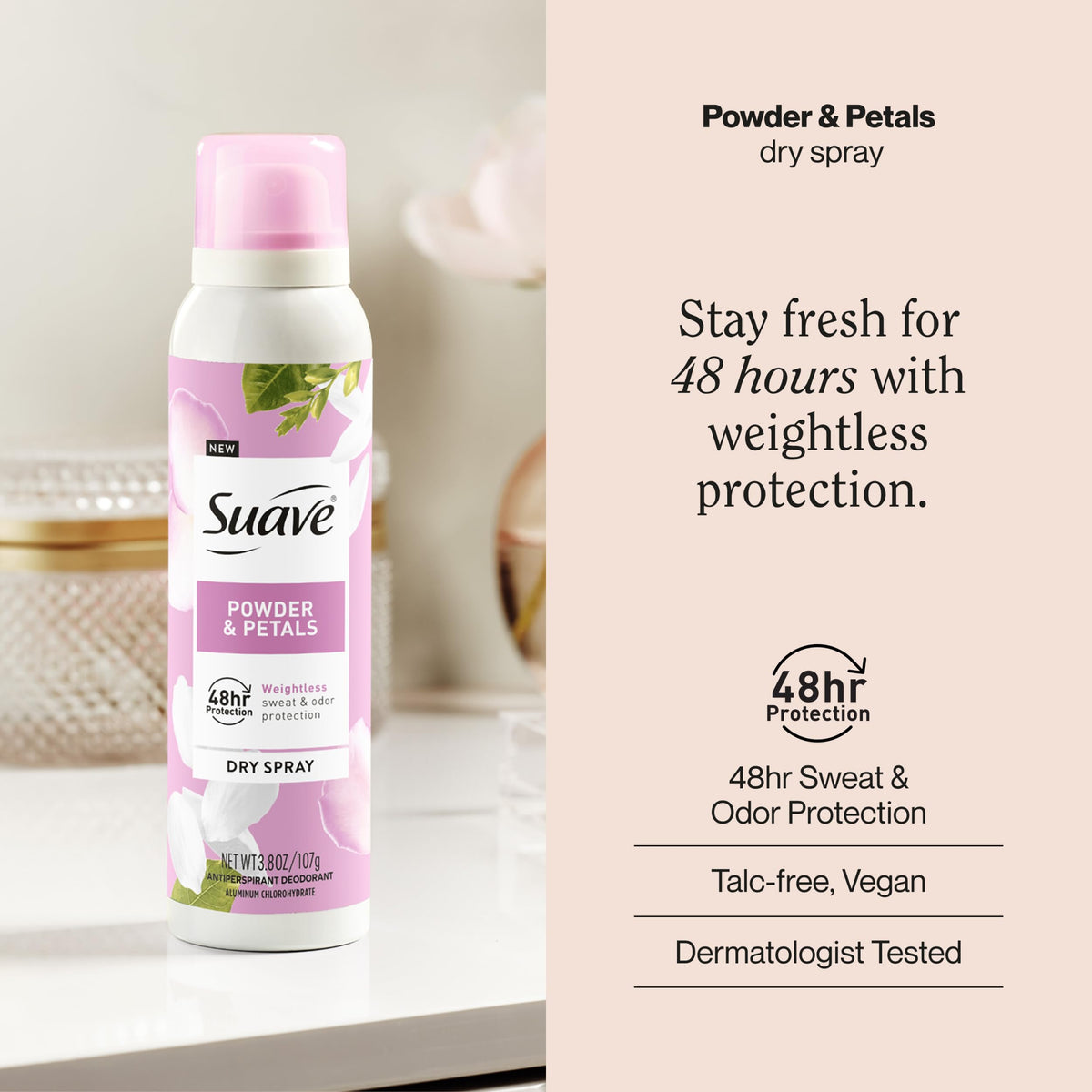 Suave Powder and Petals spray dispense action for quick refresh.