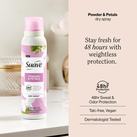 Suave Powder and Petals spray dispense action for quick refresh.