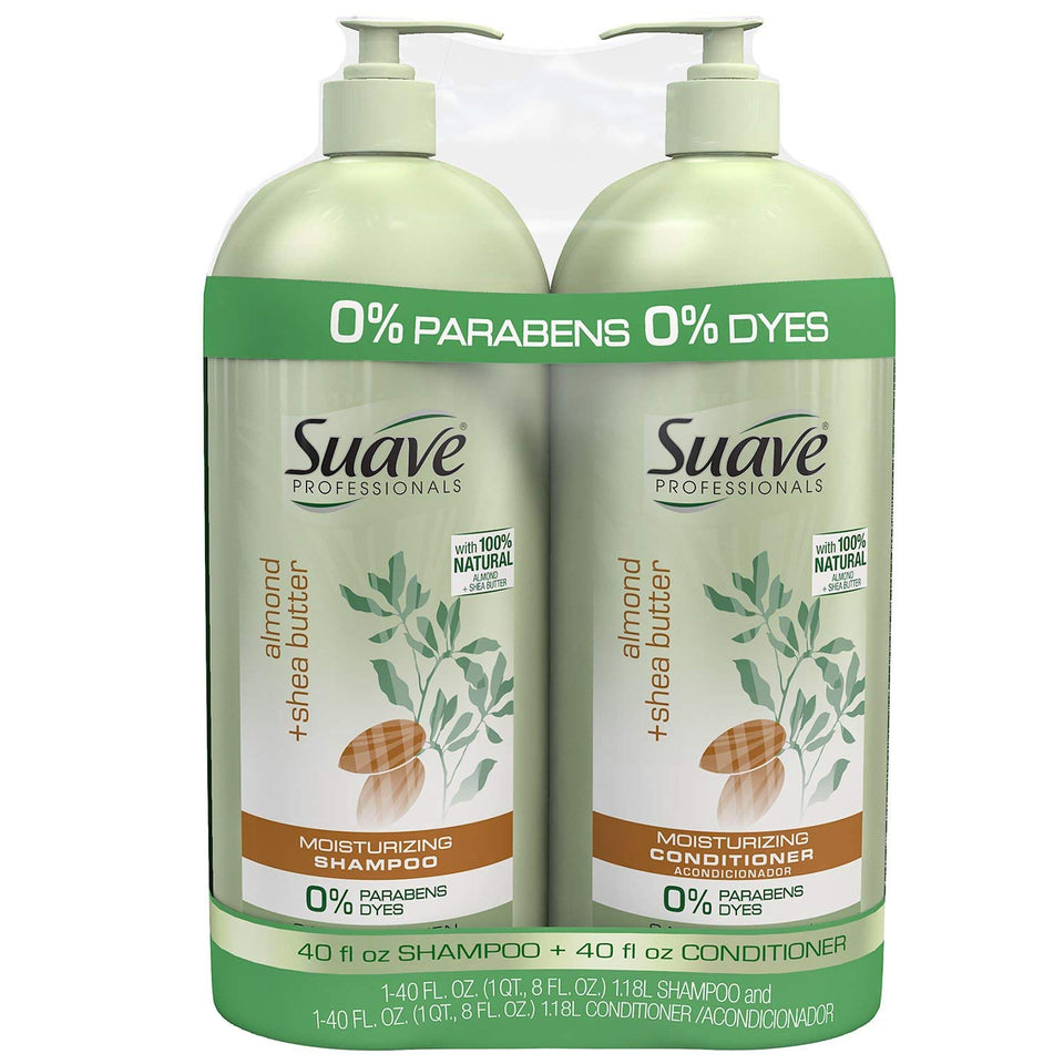Suave Pro Almond & Shea Butter shampoo bottle delivering nourishing cleanse for silky hair