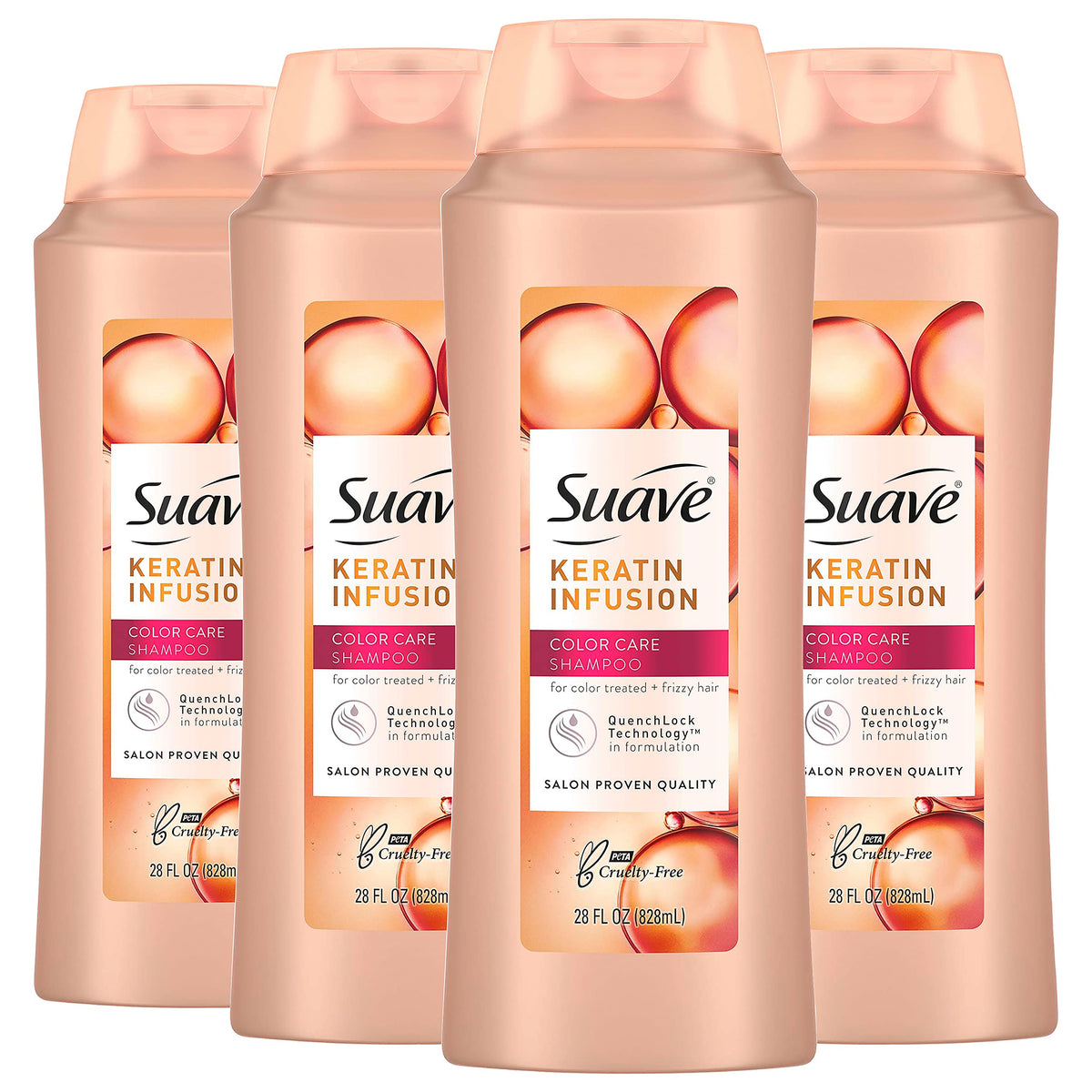 Suave Professionals Keratin Infusion Color Care Shampoo bottle promotes color protection.