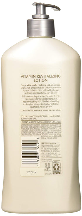Person applying Suave Revitalizing Vitamin E Lotion for lasting moisture