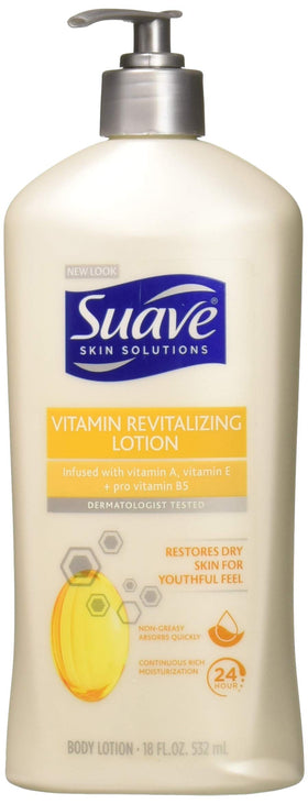 Suave Revitalizing Vitamin E Lotion bottle providing 24-hour hydration
