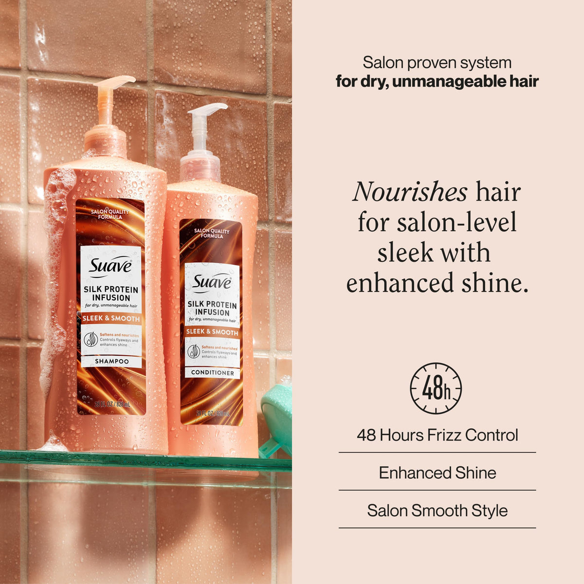 Suave Silk Protein Infusion Sleek & Smooth conditioner pump for easy application on dry hair