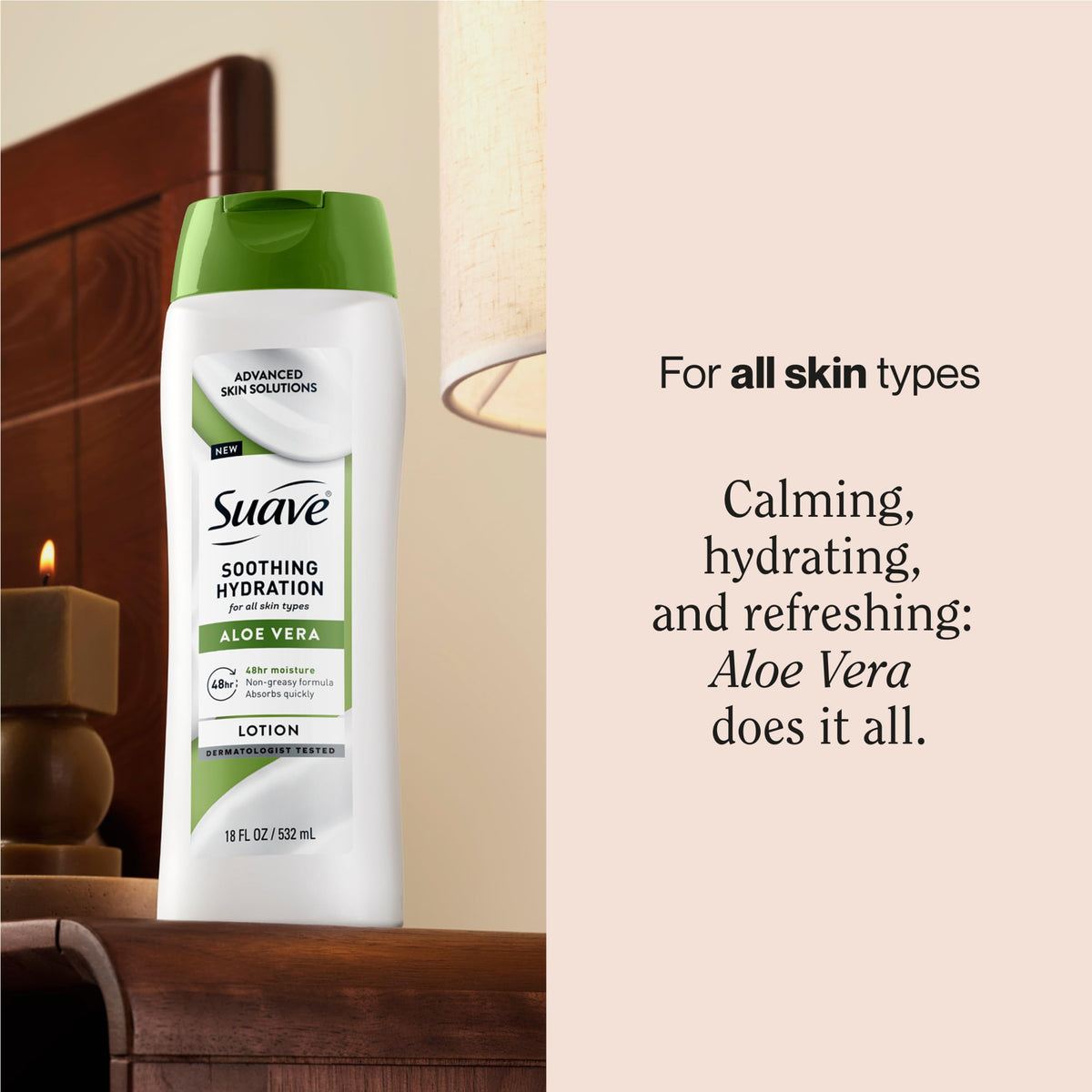 Suave Soothing Hydration texture shows aloe-infused, fast-absorbing formula