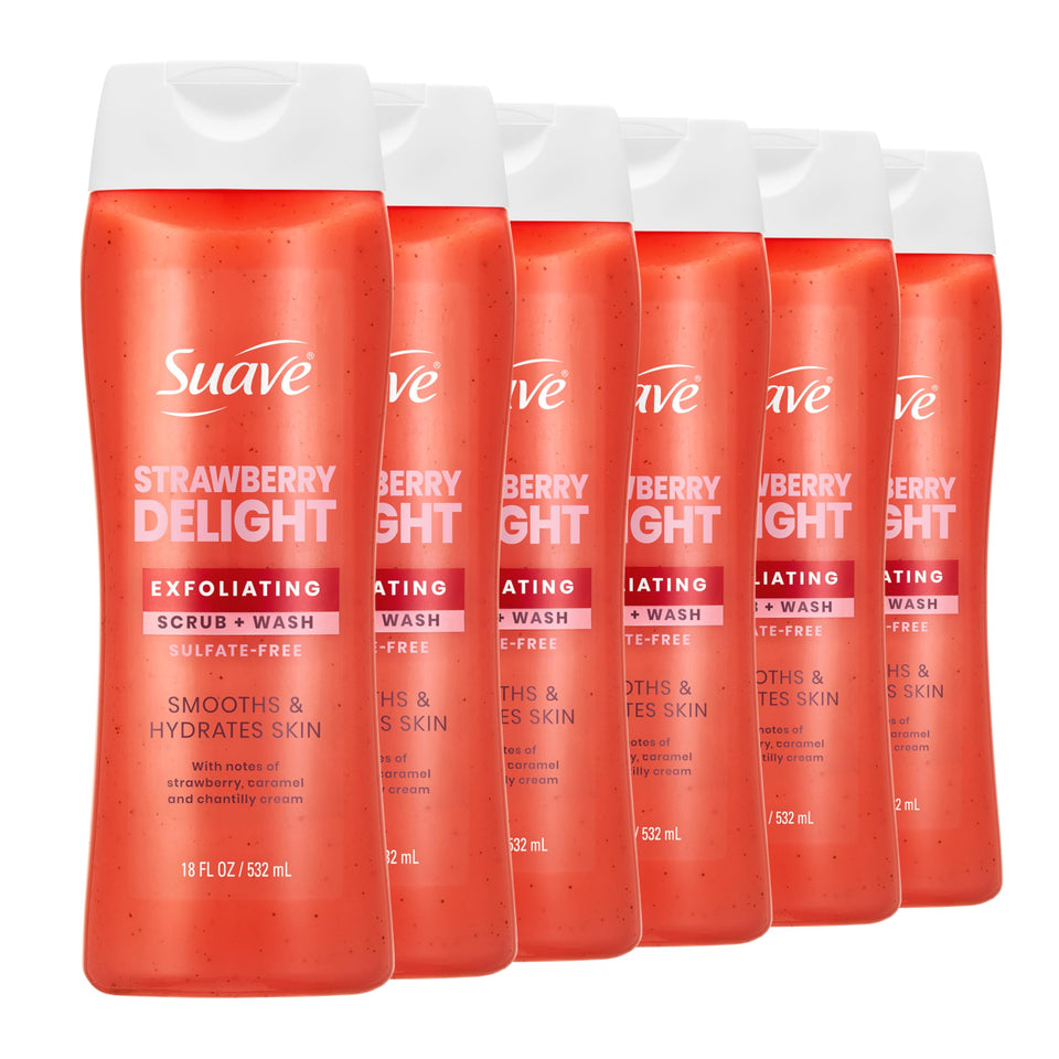 Suave Strawberry Delight bottle pour showing easy dispensing for a gentle exfoliating cleanse