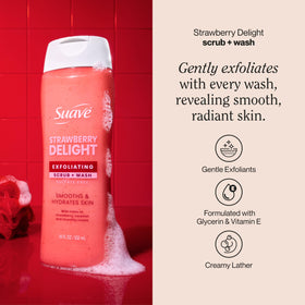 Suave Strawberry Delight creamy lather highlights rich foam for cleansing without drying