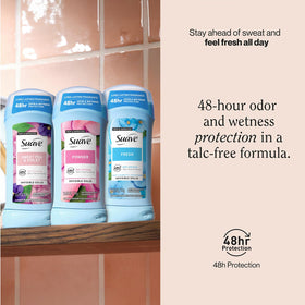 Suave Sweet Pea & Violet deodorant stick featuring gentle, long-lasting aroma.