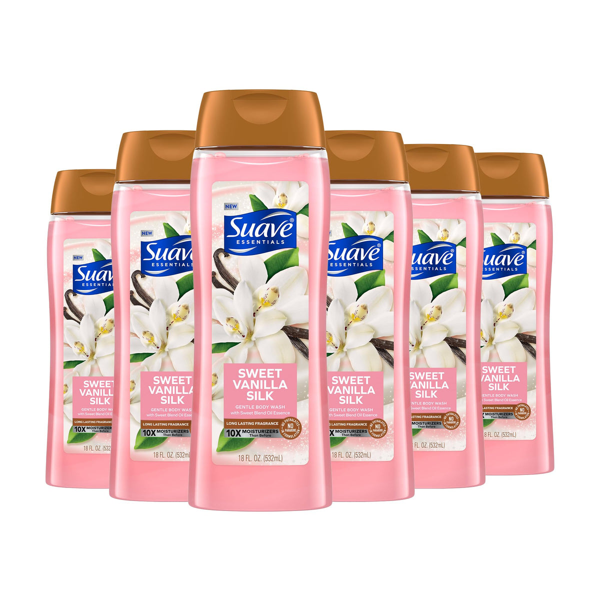 Suave Sweet Vanilla Silk body wash bottle with long lasting fragrance and hydrating formula.