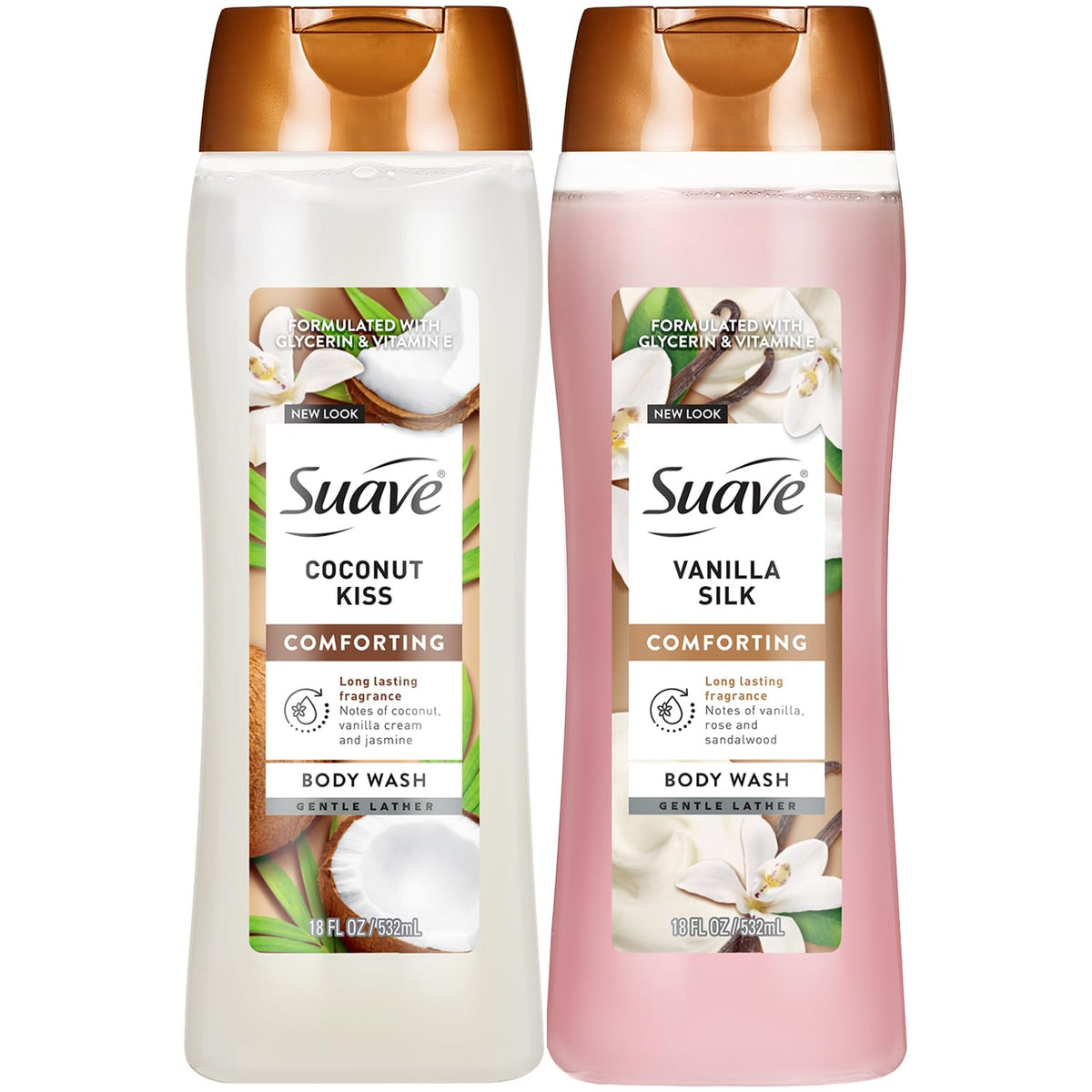 Suave Sweet Vanilla Silk bottle shows a creamy cleanser for daily moisture.