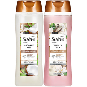 Suave Sweet Vanilla Silk bottle shows a creamy cleanser for daily moisture.