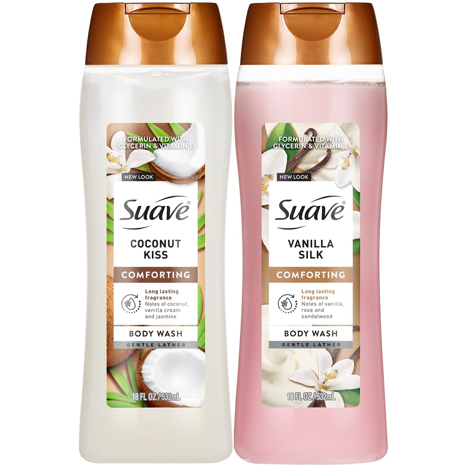 Suave Sweet Vanilla Silk bottle shows a creamy cleanser for daily moisture.