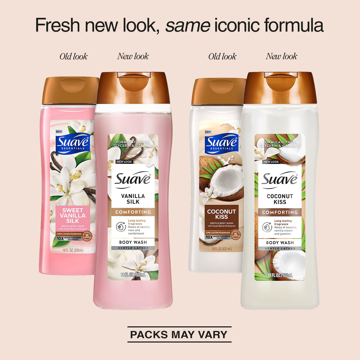 Suave Sweet Vanilla Silk pump demonstrates easy dispensing for quick showers.