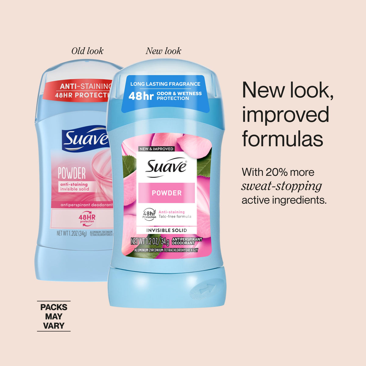 Talc-free formula supporting comfortable use on sensitive skin with Suave.