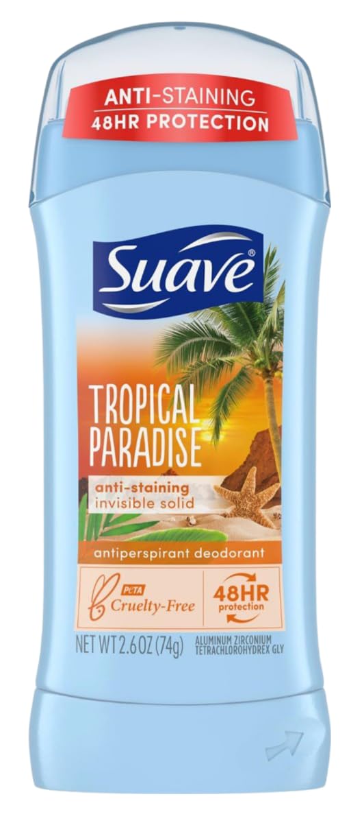 Suave Tropic Paradise Invis Solid deodorant application close-up with smooth glide.