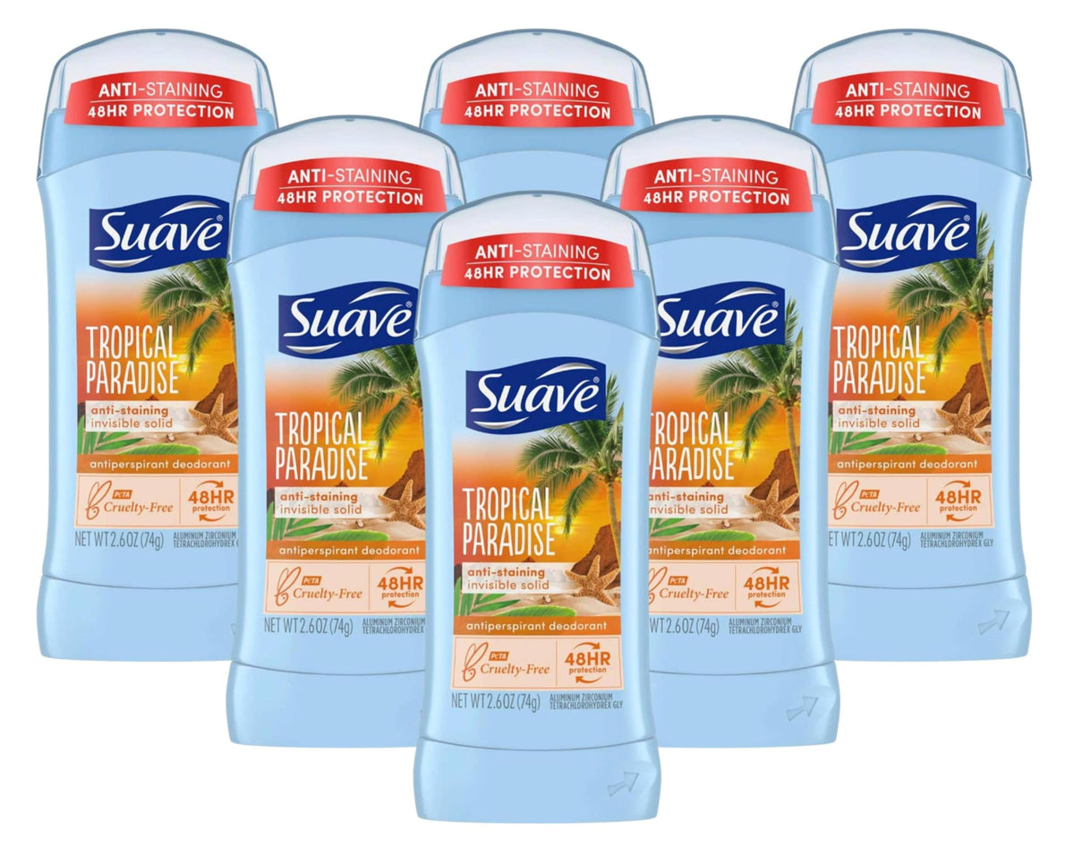 Suave Tropic Paradise Invis Solid deodorant pack for all-day freshness.