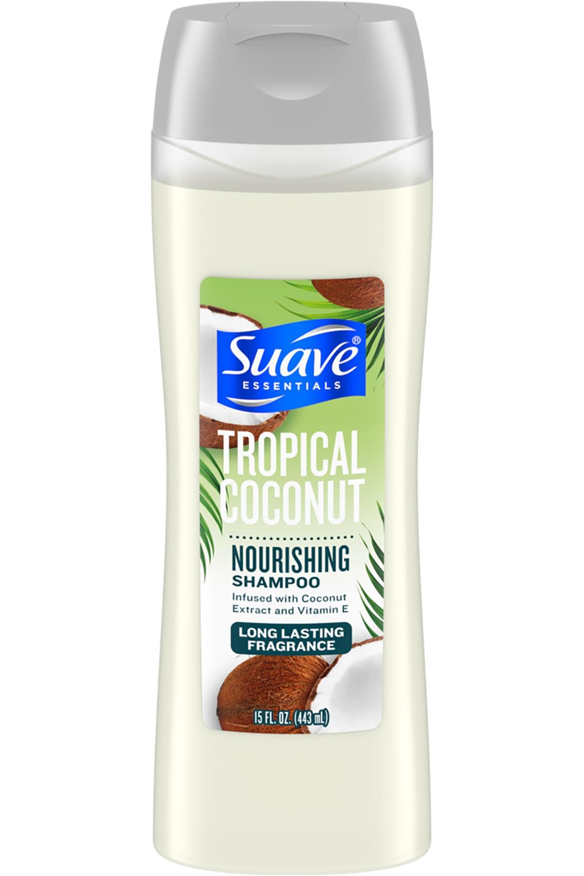 Suave Tropical Coconut Shampoo bottle, 15 oz, refreshing daily cleanse.