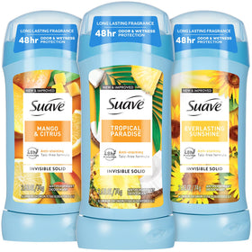 Suave Tropical Paradise deodorant stick showing scent-rich protection for daily wear.