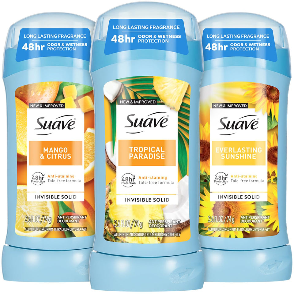 Suave Tropical Paradise deodorant stick showing scent-rich protection for daily wear.