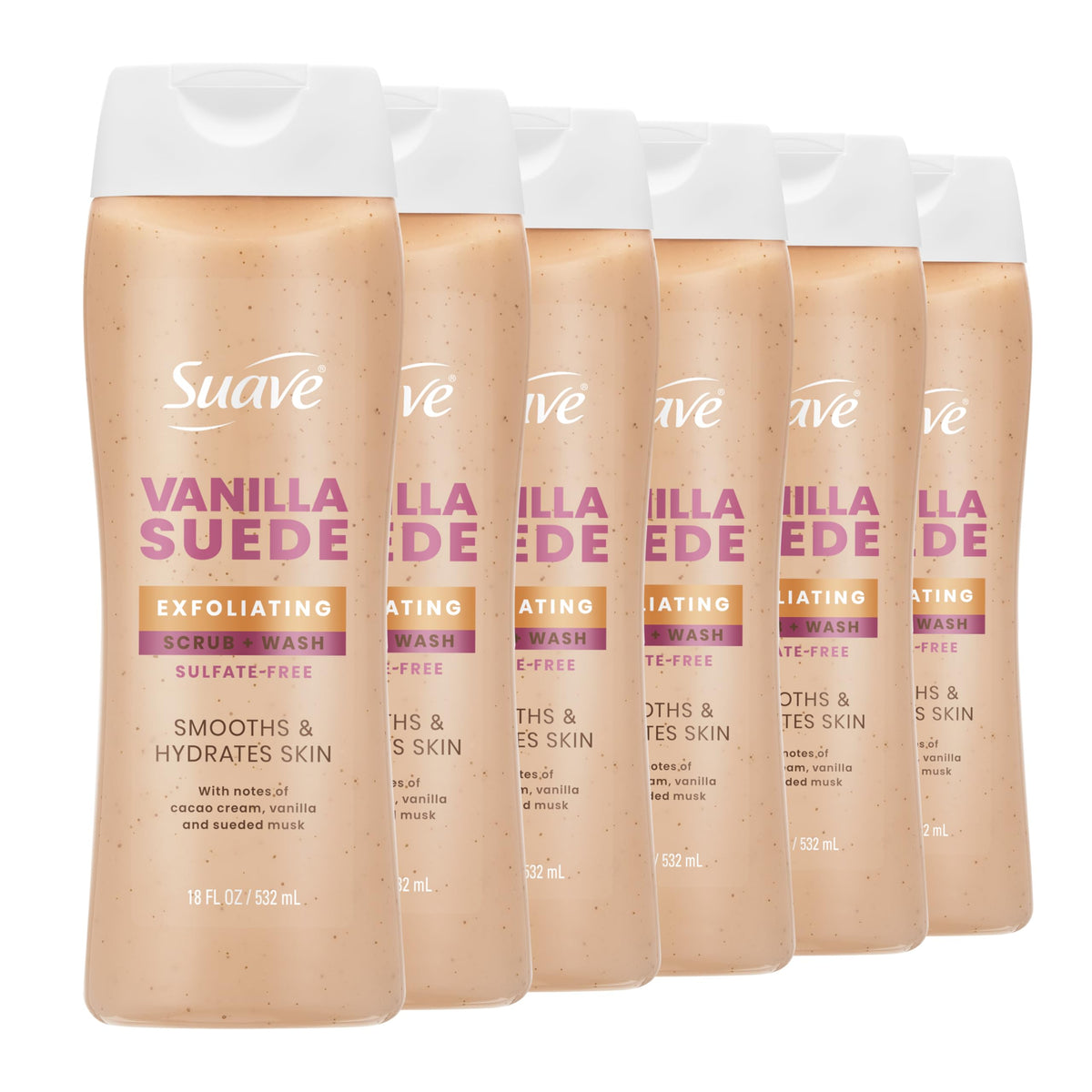 Suave Vanilla Suede Exfoliating Scrub + Wash bottle showing hydrating cleanser in hand